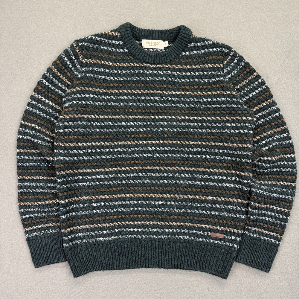 PG Field Heritage Mens Small Green Chunky Knit Striped Pullover Sweater UK